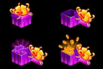 Gift box open and closed. Cartoon isometric Gift with coins and gems, vector bonus icons for UI game resources.