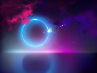 Wall Mural - Solar or lunar eclipse with light ray, beam tear away from hidden moon disc 3d realistic vector. Fluorescent colors background with blue, violet clouds on night sky, halo reflection on water surface