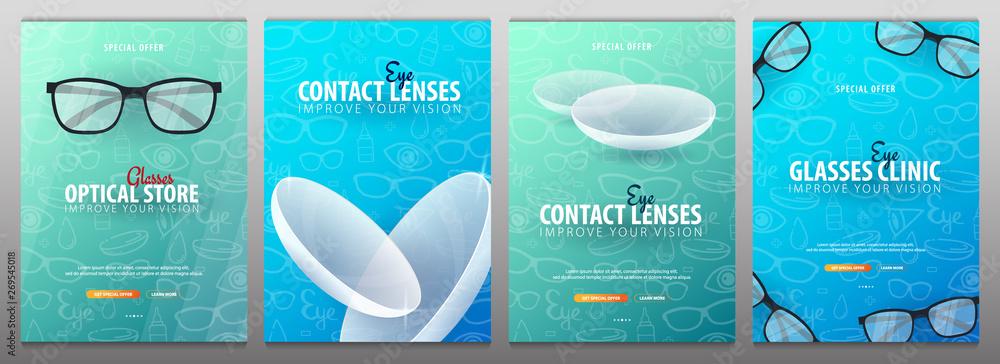 Set of Banners for Glasses Clinic or Optical Store with eye glasses and Contact Lenses. Hand draw doodle background. - obrazy, fototapety, plakaty 