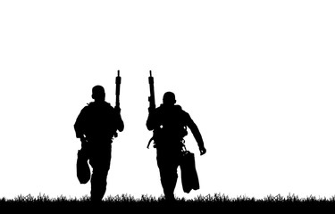 Wall Mural - Silhouette of soldier with rifle on  white background