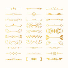 Set Of Vintage Hand Drawn Golden Dividers And Lines. Gold Fancy Borders And Elegant Laurels. Vector Isolated Flourish Elements.