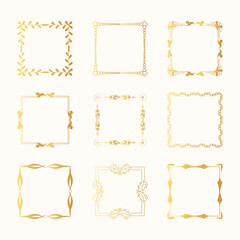 Wall Mural - Set of golden square elegant frames and gold wedding flourish borders. Vector isolated calligraphic design elements. Vintage break.