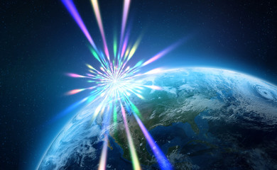 Wall Mural - Era of digital technology. Dawn of a new civilization. Supernova star. 3D illustration of a planet in the rays of light. Elements of this image are furnished by NASA