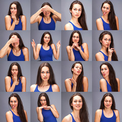 Model tests Collage of emotions - portrait of a young beautiful brunette woman on a gray background