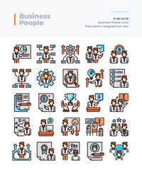 Detailed Vector Line Icons Set of Business People and Teamwork  .64x64 Pixel Perfect and Editable Stroke.