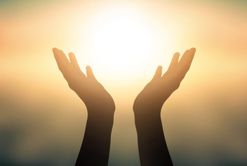 Wall Mural - free concept: raised hands catching sun on sunset sky