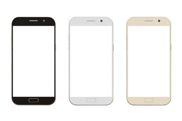 three corlor smart phone with blank screen isolated on white