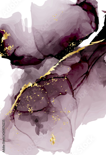 Fotomural Vector watercolor repetition liquid flow in tender dark violet grey colors with gold glitters