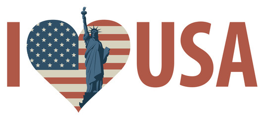 Wall Mural - Vector patriotic banner with words I love USA and heart shaped flag with statue of liberty. US symbol. I love USA sticker, slogan, design with conceptual heart and flag icon