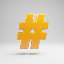 Glossy Yellow Hashtag Symbol Isolated On White Background.