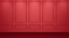 Classic Red Interior With Copy Space. Red Walls With Classical Decor. Floor Parquet Herringbone. 3d Rendering