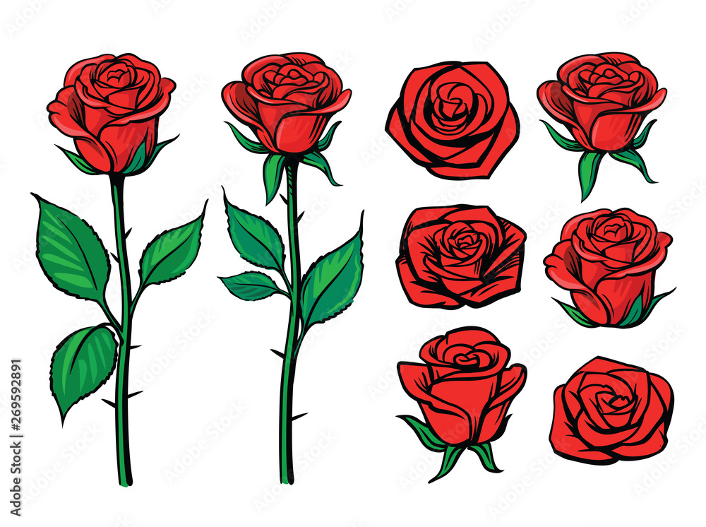 Rose flower set. Floral decoration, valentine greeting card - obrazy, fototapety, plakaty 