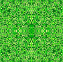 Shamanic Fantasy Mandala Texture. Ethno Style. Gradient Green And Light Green Color, Yellow Contour. Ornamental Tribal Element Floral Pattern. Vector Surreal Illustration.