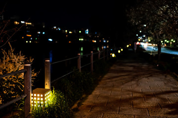 Wall Mural - Kyoto, Japan illuminated lantern on sidewalk path along Kamo river at night with bokeh background of lights