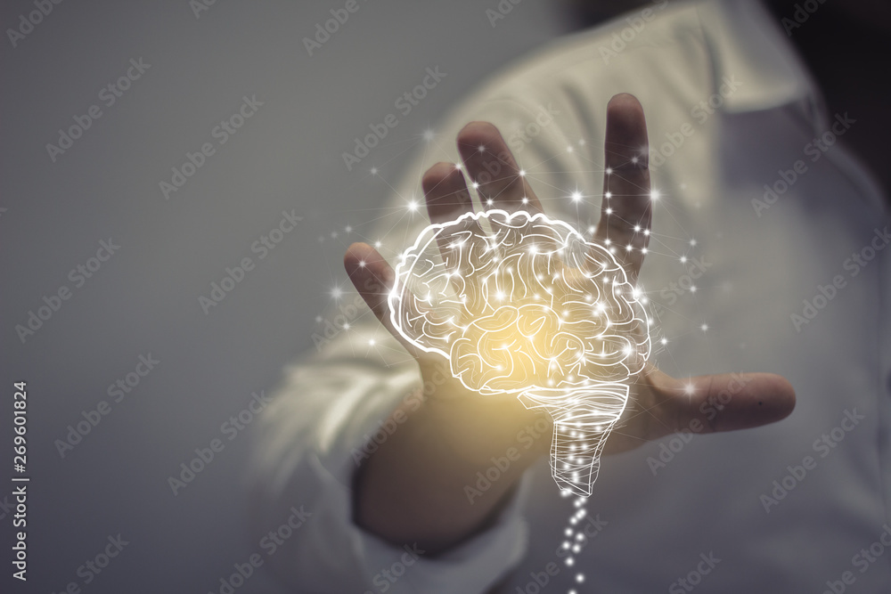 Virtual reality man with symbol neurons in brain.creative idea.Concept of idea and innovation  - obrazy, fototapety, plakaty 