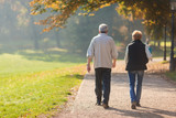 Senior citizen couple taking a walk in a park during autumn morning.