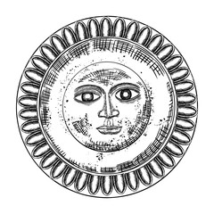 Canvas Print - Hand drawn antique style sun with face of the human like. Anthropomorphic flash tattoo or print design Vector.