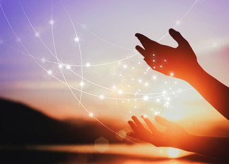 abstract science, circle global network connection in hands on sunset background