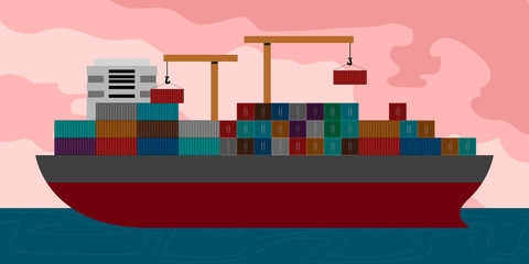 Wall Mural - Side view of a cargo ship in a landscape - Vector