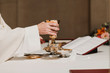© Eva - unrecognizable Priest holding the goblet during a wedding ceremony nuptial mass. Religion concept