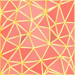 Wall Mural - Coral color premium background with luxury polygonal pattern and gold triangle lines.