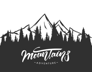Fototapete - Modern brush lettering of Mountains Adventure on Hand drawn pine forest background