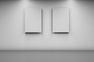 Two blank 2 x 3 banners on a white wall. Vertical banners in an empty room. 3d illustration, front view.