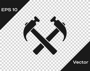 Grey Two crossed hammers icon isolated on transparent background. Tool for repair. Vector Illustration