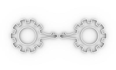Wall Mural - Web Banner, Header Layout Template. Politic and economic relationship metaphor. Cog wheels with human arms. 3D rendering