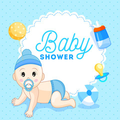 Sticker - Cute little sardar boy with elements such as pacifier, baby bottle, balloon and ball on blue background for Baby Shower celebration concept.