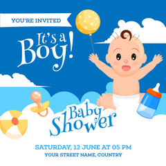 Sticker - Baby Shower invitation card design with cute baby boy, elements such as balloon, pacifier, ball and feeding bottle on cloudy background with event details.