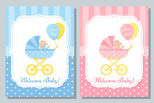 Baby Card. Vector. Baby Shower Boy And Girl Invite Banner. Blue, Pink Design Invitation. Cute Birth Party Background. Welcome Template. Happy Greeting Poster With Newborn Kid, Pram. Flat Illustration.