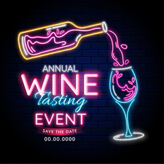 Canvas Print - Neon Lighting effect with wine bottle and drink glass on blue brick wall background for Wine Tasting annual event or party concept. Can be used as advertising template or poster design