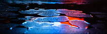 Wet Asphalt, Night Scene Of An Empty Street With A Little Reflection In The Water, The Night After The Rain. Abstract Dark Neon Background With A Wet Surface, Reflection, Neon, Glare, Blurred Bokeh.