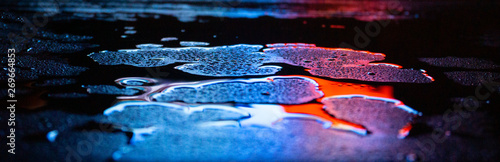 Wet asphalt, night scene of an empty street with a little reflection in the water, the night after the rain Poster Mural XXL