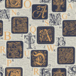 Vector seamless pattern with hand drawn alphabet letters on the background of old book pages. Old book with unreadable text and initial and capital letters, repeating vector background.