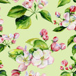 A blooming branch of apple tree in spring watercolor. Hand drawn apple tree branches and flowers seamless pattern. Perfect for wallpaper, fabric design, textile design, cover, surface textures.