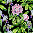 Tropical rhododendron flowers and iris seamless pattern watercolor. Interior wallpaper with pink azalea. Exotic plants print.