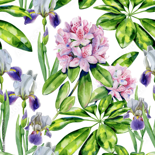 Tropical rhododendron flowers and iris seamless pattern watercolor. Interior ...
