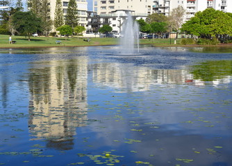 Wall Mural - Nelson Park is a lovely little getaway in the middle of the Sunshine Coast. View of the fountain in the middle of the pond, apartment buildings in the background which reflect in the water.