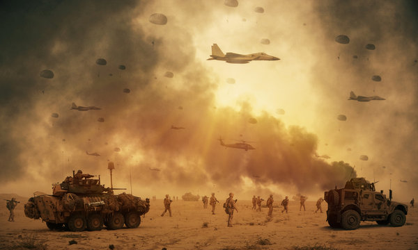 military helicopters, forces and tanks between storm and dust in desert to reach battlefield.