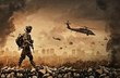 © Meysam Azarneshin - Military helicopter and forces in destroyed city and soldiers are in flight with a parachute