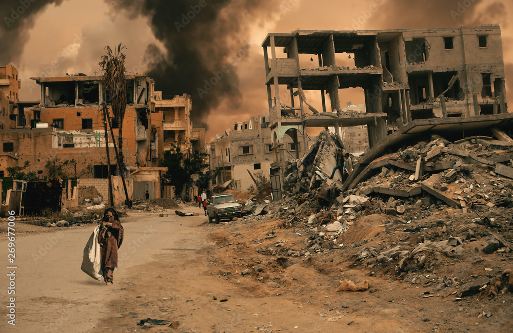 Homeless little girl walking in destroyed city that was bombed by the enemy and she's looking for shelter. - obrazy, fototapety, plakaty 