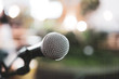© smolaw11 - Microphones for speech or speaking in seminar Conference room, talking for lecture to audience university, Event light convention hall Background. Business Talk Presentation concept