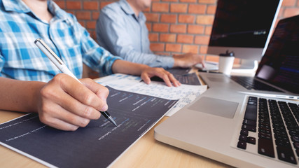 Wall Mural - collaborative work software engineers website developer technologies or programmer working coding on
