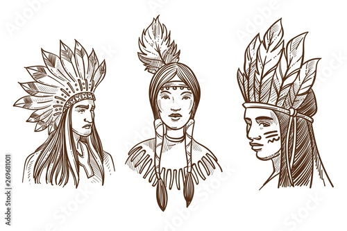 Fotomural Native Americans isolated sketch portraits of Indians