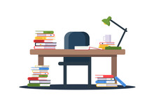 Table With Book Piles Flat Vector Illustration
