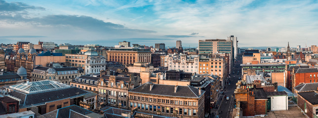 A wide panoramic looking out over buildings and streets in Glasgow city centre. Scotland, United Kingdom