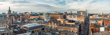 A Wide Panoramic Looking Out Over Old And New Buildings And Streets In Glasgow City Centre. Scotland, United Kingdom
