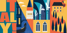 Travel To Italy Vector Banner, Illustration. City Skyline, Historical Buildings